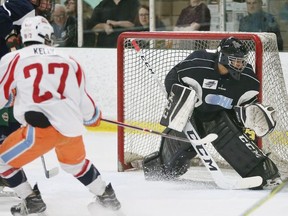 Windsor Spitfires goalie prospect Xavier Medina concentrates on the play during Saturday's minicamp at the WFCU Centre.