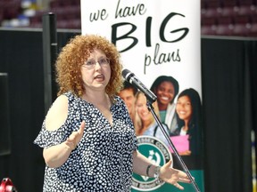Strive 2018 keynote speaker Lesley Andrew addresses a local audience at the start of a daylong symposium for Grade 7-9 students, parents and public school board staff at the WFCU Centre on April 25, 2018.