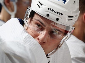 Auston Matthews of the Toronto Maple Leafs watches the first period against the New Jersey Devils at the Prudential Center on April 5, 2018 in Newark, New Jersey.