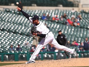 Drew VerHagen of the Detroit Tigers throws a eighth inning pitch while playing the Baltimore Orioles at Comerica Park on April 19, 2018 in Detroit, Michigan. Detroit won the game 13-8.