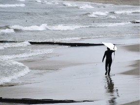 A surfer checks out the waves along Lake Michigan near Silver Beach in St. Joseph, Mich., April 14, 2018.
