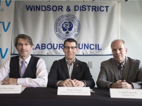 From left, Matt Marchand, president and CEO, Windsor-Essex Regional Chamber of Commerce, Brian Hogan, president, Windsor and District Labour Council, and Craig Pearson, Windsor Star reporter and debate moderator, hold a press conference to announce the Provincial All Candidates Debate, Friday, April 13, 2018.  The event takes place at the Ciociaro Club, Thursday, May 17, 2018.