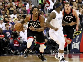 Toronto Raptors DeMar DeRozan dribbles the ball against the Washington Wizards in the first half during Game Four of Round One of the 2018 NBA Playoffs at Capital One Arena on April 22, 2018 in Washington, D.C. (Rob Carr/Getty Images)