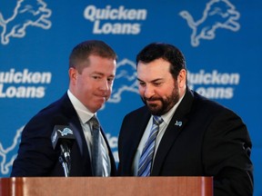 General manager Bob Quinn, at left, will take into consideration the needs for new head coach Matt Patricia when the NFL Draft begins on Thursday.