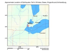 A map from Earthquakes Canada showing the epicentre of the movement that was felt across Windsor-Essex at 8:01 p.m. on April 19, 2018.