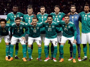 In this photo taken on Tuesday, March 27, 2018, German players pose prior to the international friendly soccer match between Germany and Brazil in Berlin.