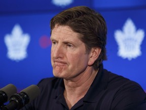 Toronto Maple Leafs head coach Mike Babcock speaks to reporters during an end of season press conference at the Air Canada Centre in Toronto on April 27, 2018.