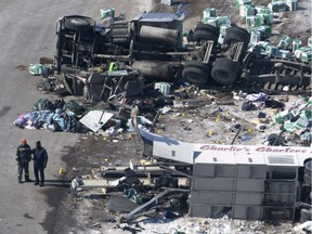 The wreckage of a fatal crash outside of Tisdale, Sask., is seen on April, 7, 2018. A bus carrying the Humboldt Broncos hockey team crashed into a truck en route to Nipawin for a game Friday night killing 15 and sending more than a dozen more to the hospital.