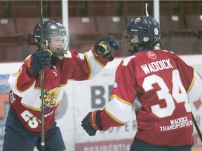 Connor MacPherson, left, and Declan Waddick, celebrate a first-period goal during the 2018 OHF pee wee AAA championship.