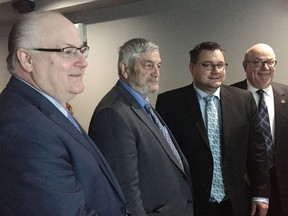 Stephen MacKenzie, CEO for the Windsor Essex Economic Development Corporation, Essex County Warden Tom Bain, Justin Falconer, senior manager for Workforce WindsorEssex and Tecumseh Mayor Gary McNamara (left to right) were on hand for a release of local report with recommendations to Canada's NAFTA negotiators.