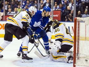Toronto Maple Leafs forward James van Riemsdyk watches the puck go into the net during Game 3 action against Boston Bruins at the Air Canada Centre in Toronto Monday, April 16, 2018. (Ernest Doroszuk/Toronto Sun)