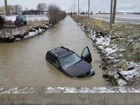 A minivan in a water-filled ditch near the intersection of Lighthouse and Tecumseh roads in Lakeshore on the morning of April 17, 2018. No one was hurt.
