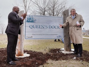 Windsor city Coun. John Elliott, left, and Windsor Port Authority president and CEO David Cree at the official opening of the Queen's Dock Park on April 24, 2018. It is situated long the Detroit River at the foot of Mill Street.
