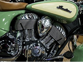 An Indian motorcycle is seen during set up for the 2015 Motorcycle and ATV Show Edmonton in Edmonton, Alta., on Thursday, Jan. 15, 2015.