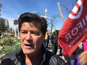 Unifor national president Jerry Dias led a march around Caesars Windsor on April 22, 2018, where 2.300 workers have been on strike for 17 days. SHARON HILL/ WINDSOR STAR