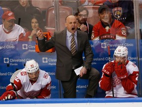 FILE - In this Feb. 3, 2018, file photo, Detroit Red Wings head coach Jeff Blashill argues a call during the third period of an NHL hockey game against the Florida Panthers, in Sunrise, Fla. The Red Wings are bringing coach Jeff Blashill for a fourth season. Red Wings general manager Ken Holland announced the decision on Tuesday, April 10, 2018, saying the team played hard for Blashill until the end of the season.