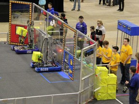 Students oarticipate in the FIRST Robotics regional championship in London.