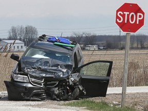 One of three vehicles involved in a collision on Wednesday, April 25, 2018, is shown at the intersection of County Road 46 and Sexton Side Road in Tecumseh, Ont. Four motorists were taken to hospital with non life-threatening injuries. One driver who rolled into a ditch needed to be extricated through the windshield area of the vehicle.
