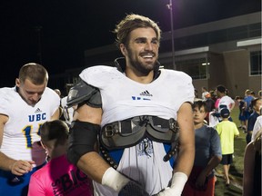 Windsor's Dakoda Shepley, who arrived at rookie minicamp with the NFL's New York Jets on Thursday, was later taken fifth overall by the Saskatchewan Roughriders in the CFL Draft. (Rich Lam/UBC Thunderbirds)