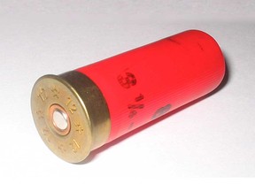 A typical 12-gauge shotgun shell is shown in this Wikimedia Commons image.