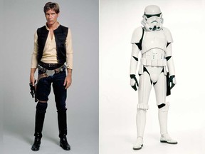 Wardrobe test photos for the first Star Wars movie in 1977, featuring the costumes of Han Solo and an Imperial Stormtrooper. The original costumes will be on display at the Detroit Institute of Arts from May 20 to Sept. 30 as part of the exhibition Star Wars and the Power of Costume.
