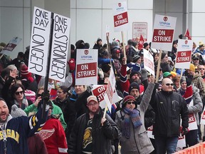 Striking Caesars Windsor employees rally on the picket line on April 11, 2018.