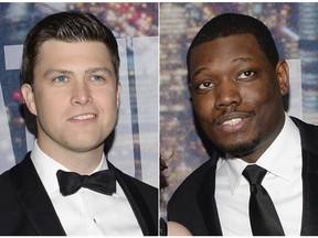 This combination photo shows Colin Jost, left, and Michael Che at the Saturday Night Live 40th Anniversary Special in New York on Feb. 15, 2015. NBC says that Michael Che and Colin Jost of "Saturday Night Live" will co-host this year's Emmy Awards. The 70th prime-time Emmy Awards will air Sept. 17.