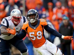 Von Miller of the Denver Broncos rushes against Cameron Fleming of the New England Patriots in the AFC Championship game at Sports Authority Field at Mile High on January 24, 2016 in Denver. ( Doug Pensinger/Getty Images)