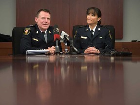 Brad Hill (left) and Pam Mizuno (right) at the announcement of their promotions to the rank of Deputy Chief with Windsor Police Service on April 10, 2018.