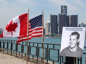 A photo of hockey great Gordie Howe was unveiled at the announcement May 14, 2015, that his name would grace the new government bridge to be built over the Detroit River.