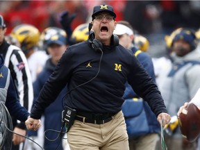 Head coach Jim Harbaugh of the Michigan Wolverines argues a call on the sideline during the first half against the Ohio State Buckeyes at Ohio Stadium on Nov. 26, 2016 in Columbus, Ohio.