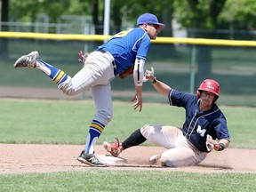 Sliding runner Storm Ricciotti, seen in action against St. Anne in the WECSSAA  baseball final, and the Massey Mustangs are unbeaten after two games at the OFSAA West Regional baseball championship.