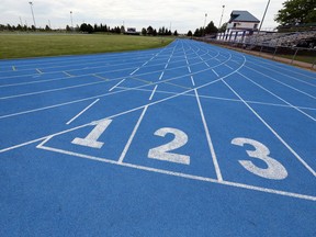 The track at Sandwich Secondary School is shown on May 30, 2018. The track has been found unsafe for the OFSAA regional finals next week.