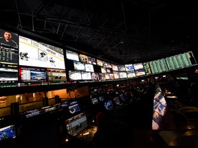 In this Feb. 2, 2016 file photo, the betting line and some of the nearly 400 proposition bets for Super Bowl 50 between the Carolina Panthers and the Denver Broncos are displayed at the Westgate Las Vegas Resort and Casino.