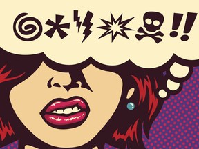 Pop art style comics panel angry woman grinding teeth with speech bubble and swear words symbols vector illustration