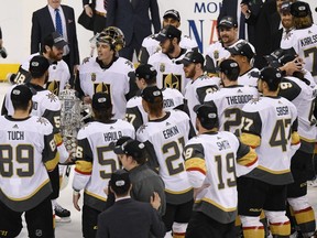 The Vegas Golden Knights celebrate defeating the Winnipeg Jets 2-1 in Game Five of the Western Conference Finals to advance to the 2018 NHL Stanley Cup Final at Bell MTS Place on May 20, 2018 in Winnipeg, Canada.