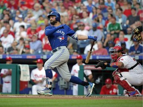 Kevin Pillar #11 of the Toronto Blue Jays hits an RBI double in the first inning during a game against the Philadelphia Phillies at Citizens Bank Park on May 25, 2018, in Philadelphia, Pennsylvania. Jays win.