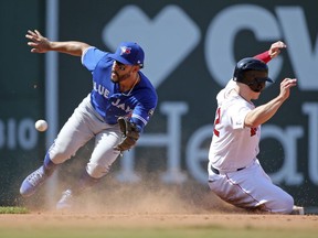 Boston Red Sox's Brock Holt steals second base as Toronto Blue Jays second baseman Devon Travis gathers in the throw in the eighth inning of a baseball game at Fenway Park, on May 30, 2018, in Boston.