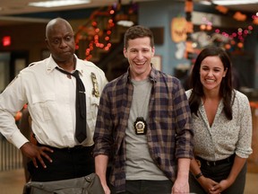 Andre Braugher, Andy Samberg and Melissa Fumero in Brooklyn Nine-Nine.