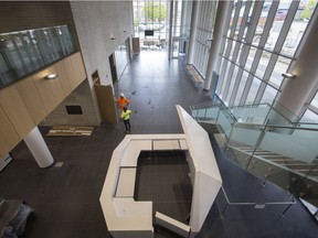 The lobby and front desk to the new City Hall building are shown on May 15, 2018.