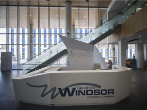 The front desk in the lobby of the new City Hall building is shown, Tuesday, May 15, 2018.