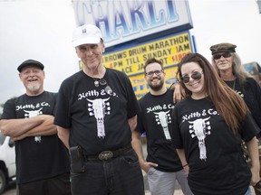 The Keith & Co. band, from left, Terry Taylor, Keith Stiner, Yvan Lichtensteiger, Lizzy Muldoon, Jeffrey Sinclair, are seen in front of the Good Time Charly Bar, Saturday, May 26, 2018.  A benefit concert, called Musicians with Hearts Toronto Tragedy, is being held Sunday, June 3.