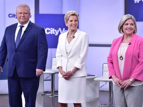 The third and final televised debate ahead of Ontario's June 7th election will offer voters on Sunday one last chance to size up the three main party leaders side by side as they vie to lead the province for the next four years. Ontario Liberal Leader Kathleen Wynne, centre, Ontario PC Party Leader Doug Ford, left, and NDP Leader Andrea Horwath take part in the Ontario Leaders debate in Toronto on Monday, May 7, 2018.