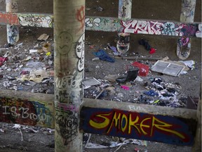 Items are shown May 8, 2018, strewn across the ground under a University Avenue West overpass where homeless people go to use drugs.