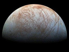 Jupiter's moon Europa harbours a saltwater ocean beneath an icy crust.