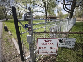 An automatic fence recently installed at the entrance to Malden Park is pictured Thursday, May 10, 2018.  The fence closes at 10 p.m. and re-opens at 6 a.m. each day.