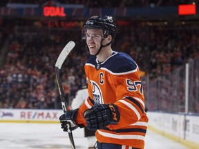 Edmonton Oilers' Connor McDavid (97) celebrates a goal against the Anaheim Ducks during second period NHL action in Edmonton, Alta., on March 25, 2018. Edmonton Oilers forward Connor McDavid will serve as Canadian captain at the upcoming IIHF world hockey championship.McDavid, who led the NHL with 108 points this season, helped Canada win gold at the 2016 tournament.