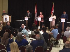 Provincial candidates in Windsor West take questions at the Windsor Essex Regional Chamber of Commerce debate Thursday, May 17, 2018. Photo by Dan Janisse