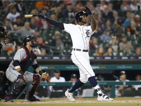Detroit Tigers' Niko Goodrum hits a three-run home run in the eighth inning of a baseball game against the Cleveland Indians in Detroit on May 14, 2018.