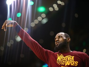 LeBron James of the Cleveland Cavaliers warms up prior to Game 1 of the Eastern Conference finals against the Boston Celtics at TD Garden on May 13, 2018